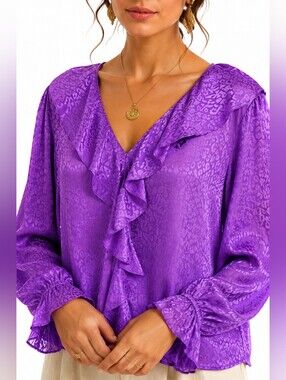 JM Collection Purple Leopard Print Ruffle V-Neck Blouse XXL Renaissance Chic